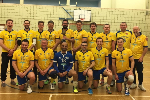 Newmarket Volleyball Club team wearing yellow and blue kit in 2017